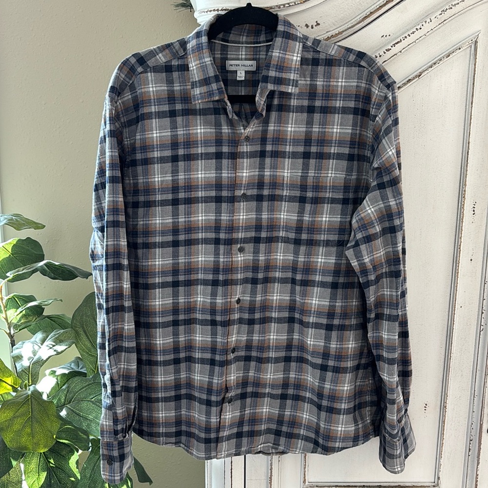 Peter Millar Flannel Shirt Mens Large Blue Plaid Lightweight Casual Long Sleeve